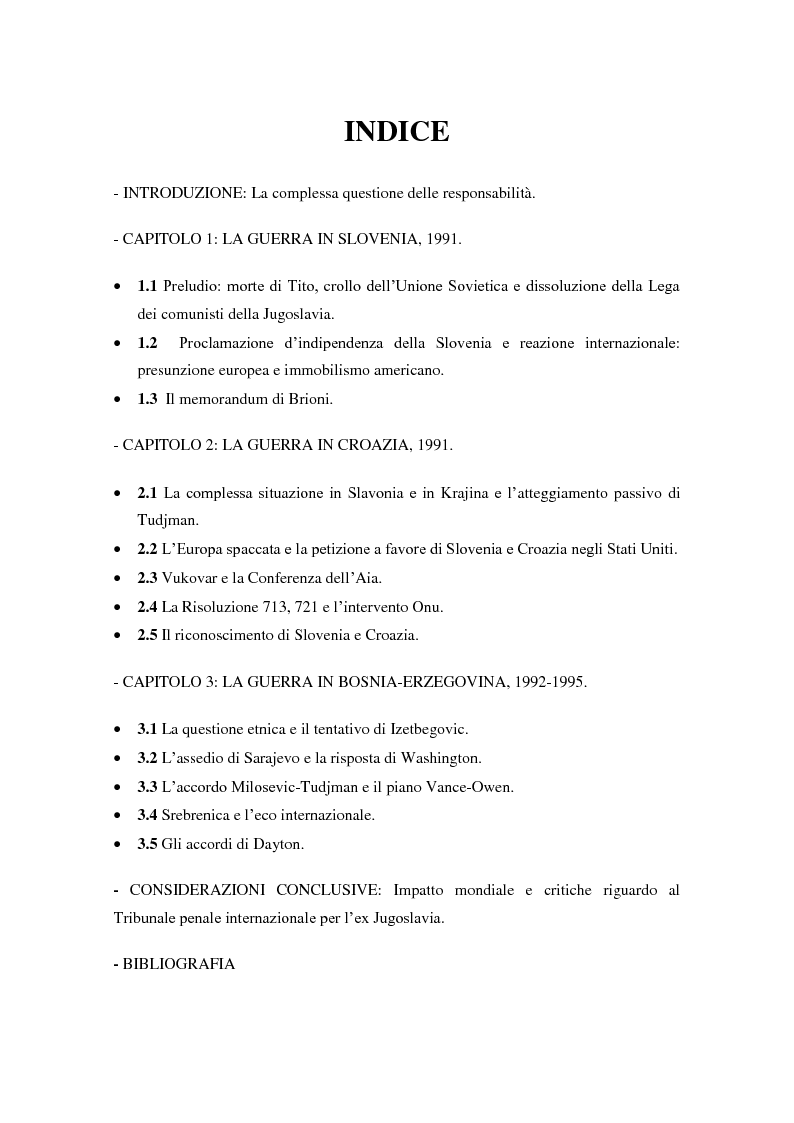 Indice della tesi: Comunità Europea e Stati Uniti di fronte alle guerre jugoslave, Pagina 1