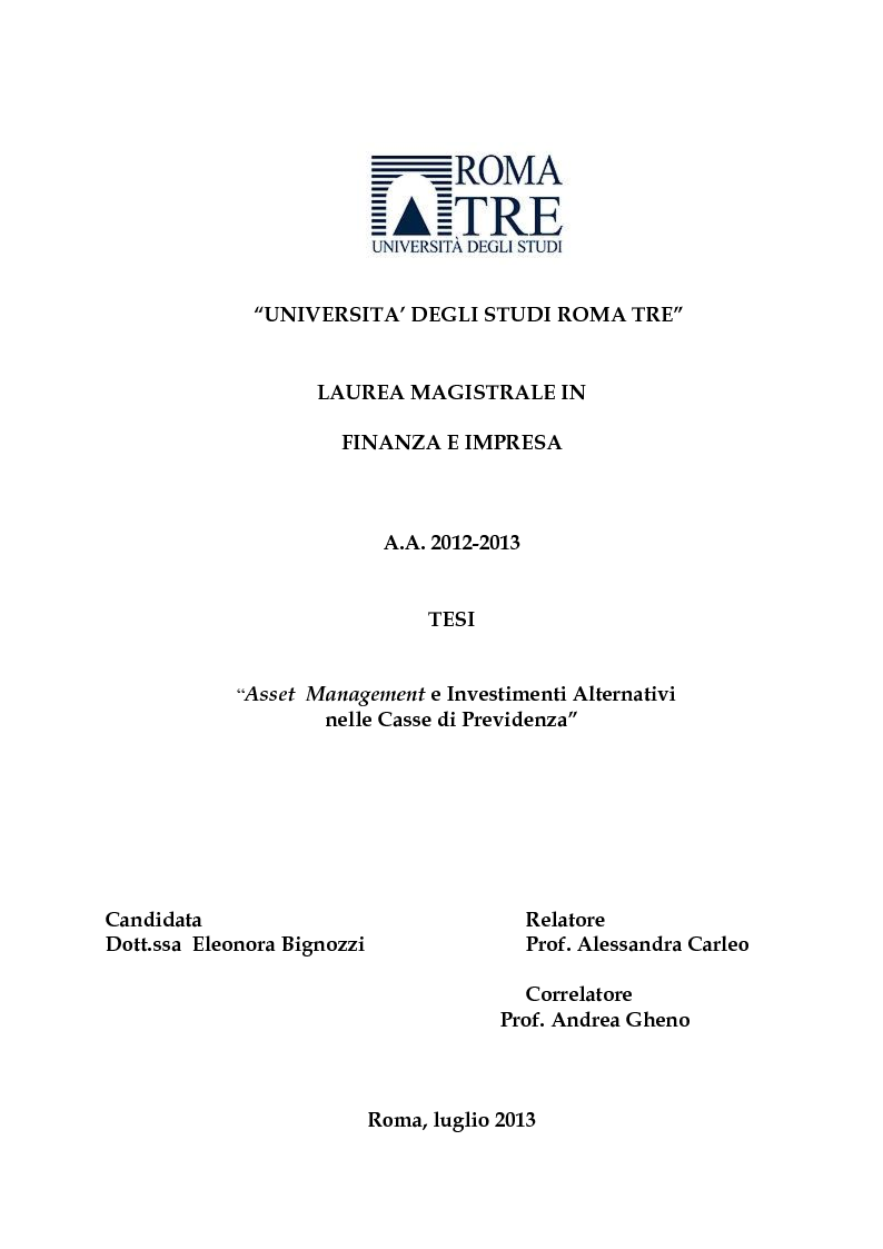 Anteprima della tesi: Asset Management e Investimenti Alternativi nelle Casse di Previdenza, Pagina 1