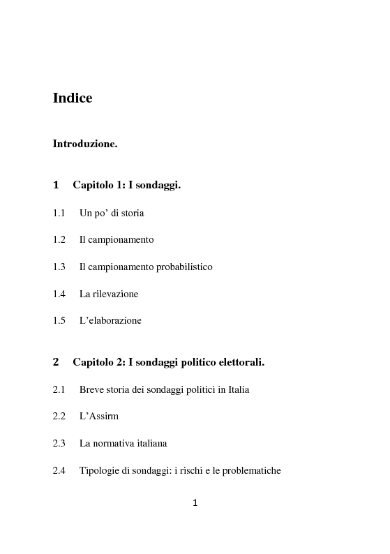 Indice della tesi: Il ruolo dei sondaggi politici nella democrazia: il caso delle elezioni politiche del 2013., Pagina 1