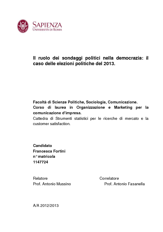 Anteprima della tesi: Il ruolo dei sondaggi politici nella democrazia: il caso delle elezioni politiche del 2013., Pagina 1