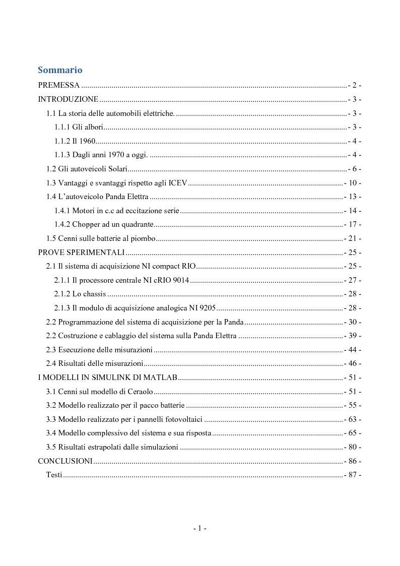 Indice della tesi: Sistema di monitoraggio per l’equalizzazione della carica in un veicolo elettrico con pannelli fotovoltaici., Pagina 1