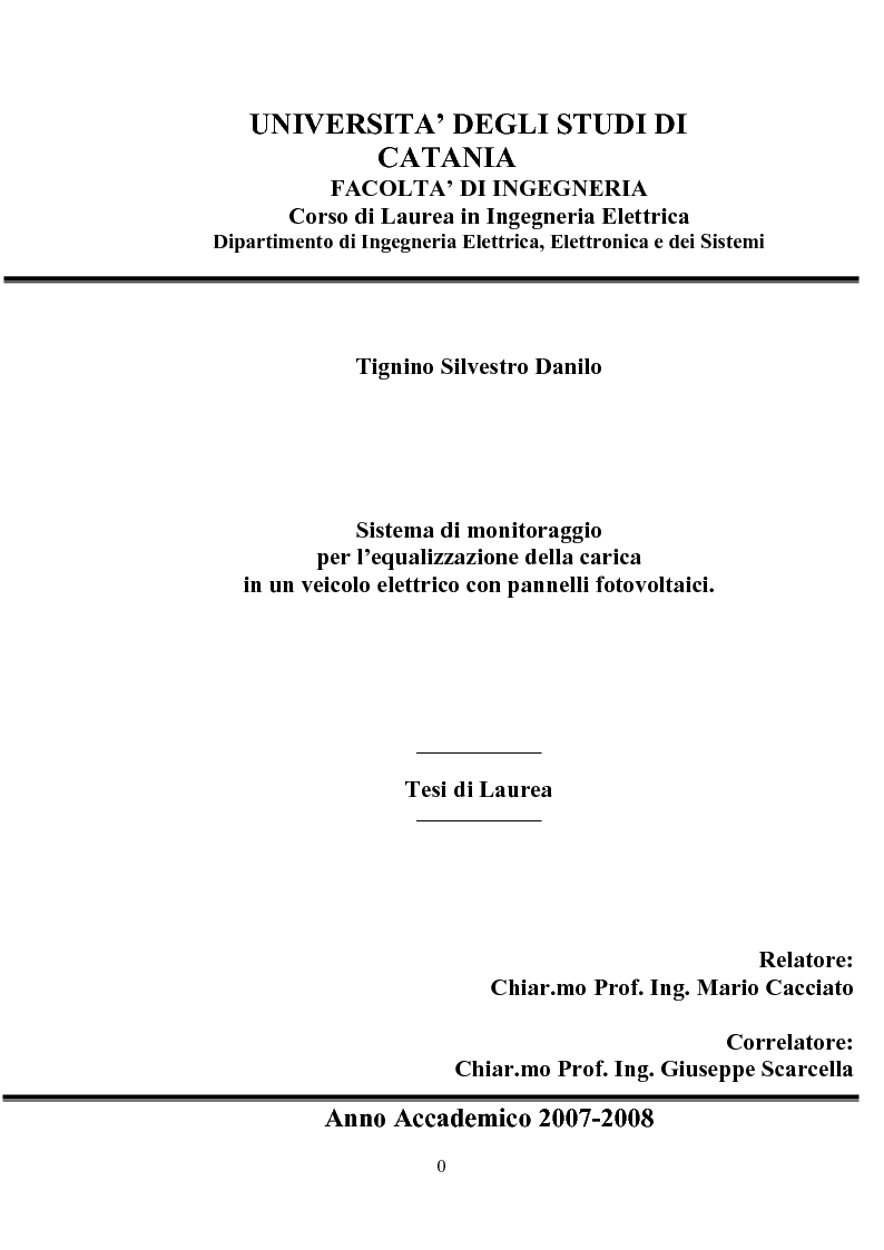 Anteprima della tesi: Sistema di monitoraggio per l’equalizzazione della carica in un veicolo elettrico con pannelli fotovoltaici., Pagina 1