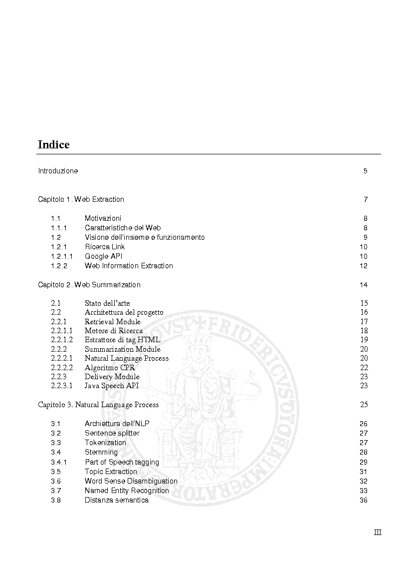 Indice della tesi: Progettazione e Implementazione di un sistema per la costruzione automatica di sommari a partire da pagine Web, Pagina 1
