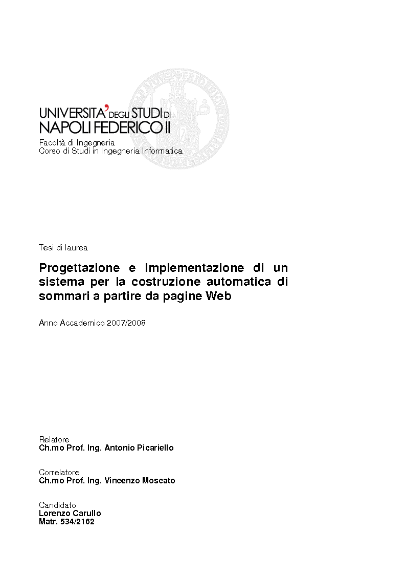 Anteprima della tesi: Progettazione e Implementazione di un sistema per la costruzione automatica di sommari a partire da pagine Web, Pagina 1