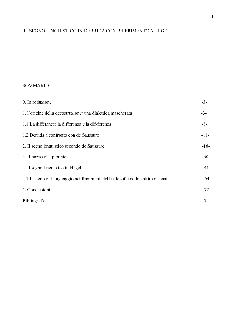 Indice della tesi: La questione del segno linguistico in Derrida con riferimento a Hegel, Pagina 1
