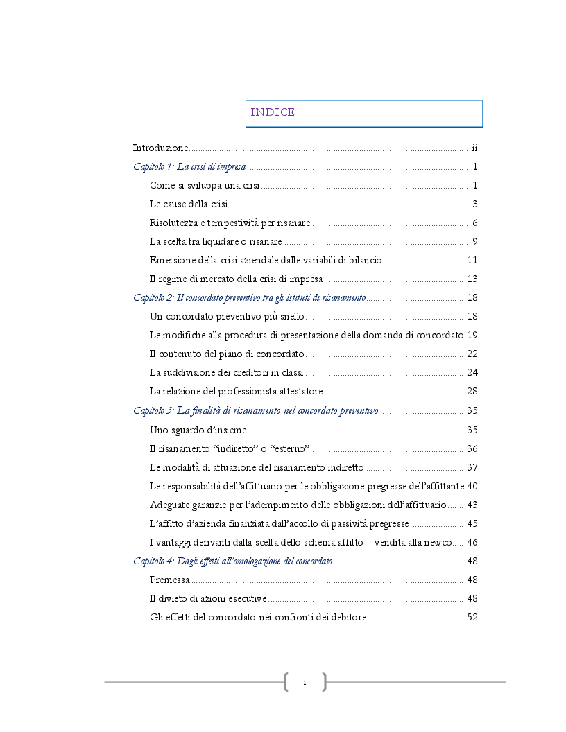 Indice della tesi: Il concordato preventivo di risanamento, Pagina 1