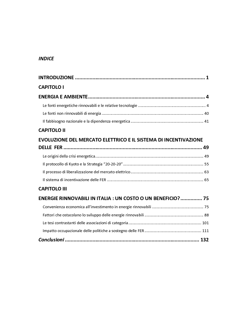 Indice della tesi: Energie Rinnovabili per un futuro sostenibile: i problemi di Governance, Pagina 1