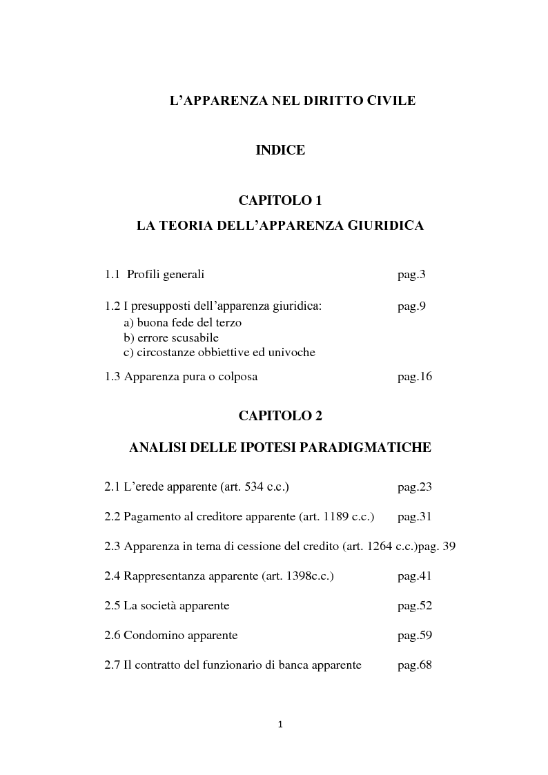 Indice della tesi: L'apparenza giuridica, Pagina 1
