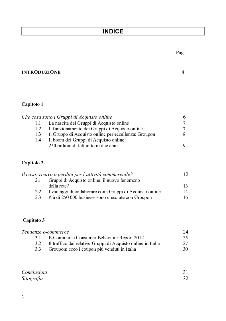 Indice della tesi: I gruppi di acquisto online: il nuovo investimento pubblicitario. Il caso: ricavo o perdita per l’attività commerciale?, Pagina 1
