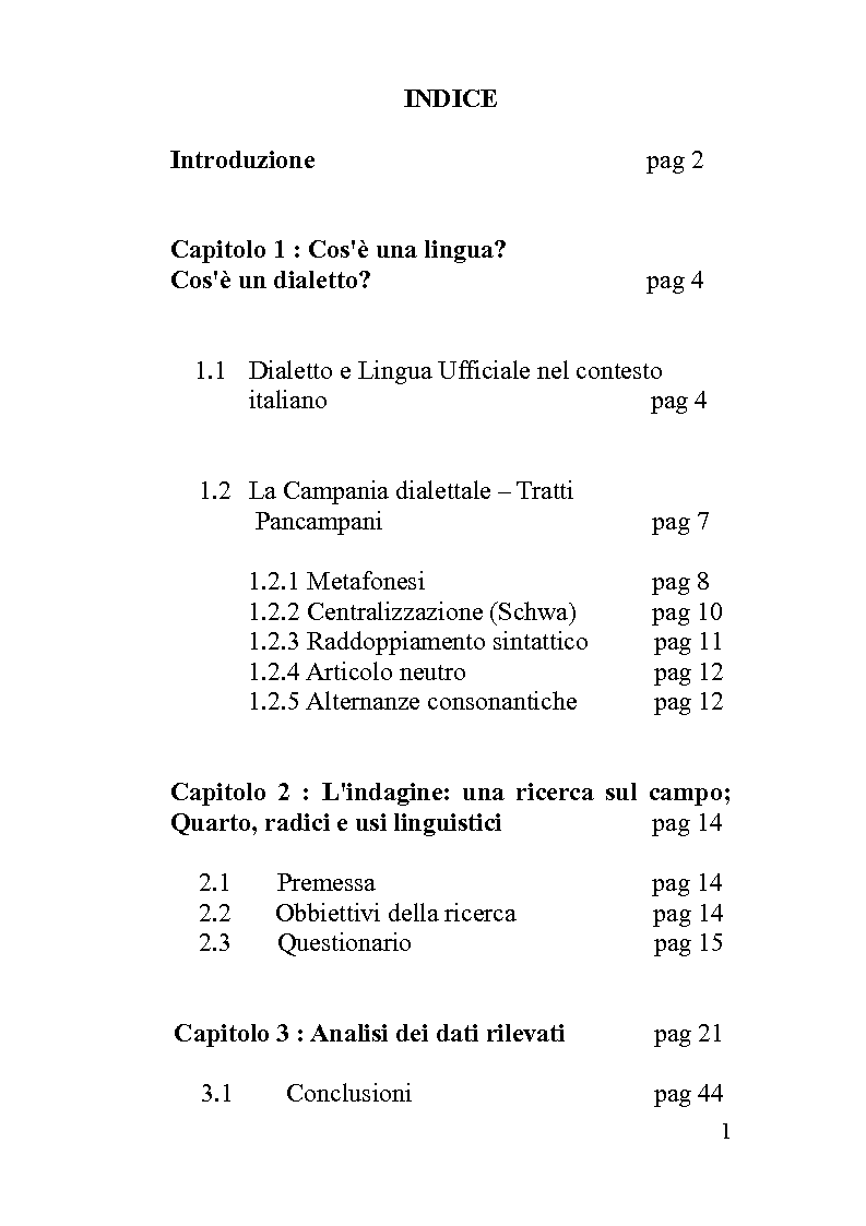 Indice della tesi: Quarto e il continuum dialetto - italiano, Pagina 1