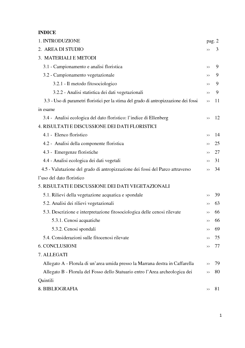 Indice della tesi: Caratterizzazione floristico-vegetazionale dei fossi del Parco dell'Appia antica (Roma), Pagina 1