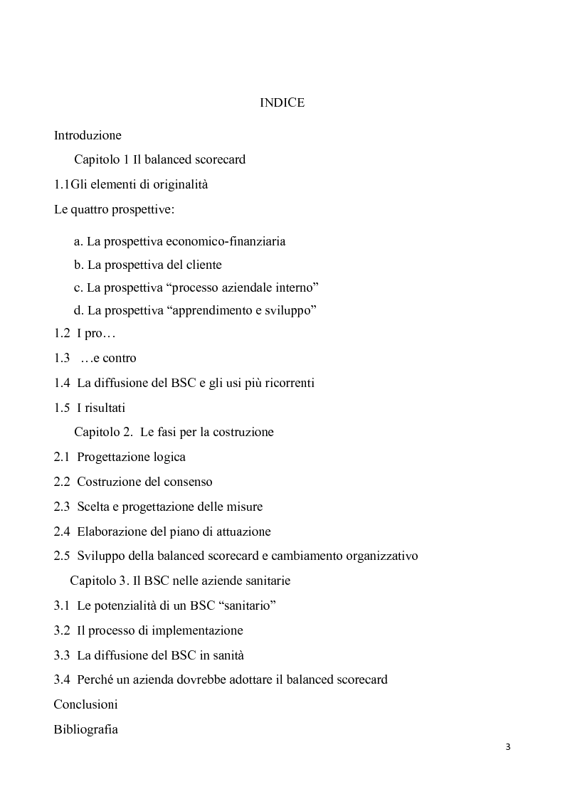 Indice della tesi: La balanced scorecard nelle aziende ospedaliere, Pagina 1
