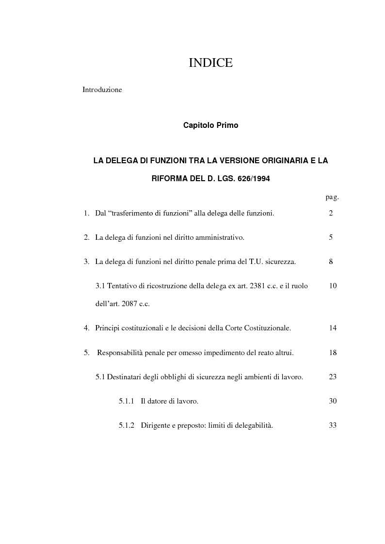 Indice della tesi: La delega di funzioni. Prima e dopo il T.U. 81/08, Pagina 1