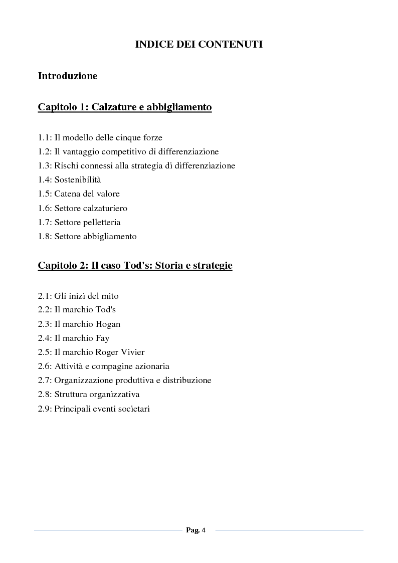 Indice della tesi: Le condizioni di successo nel settore calzaturiero e il caso Tod's, Pagina 1