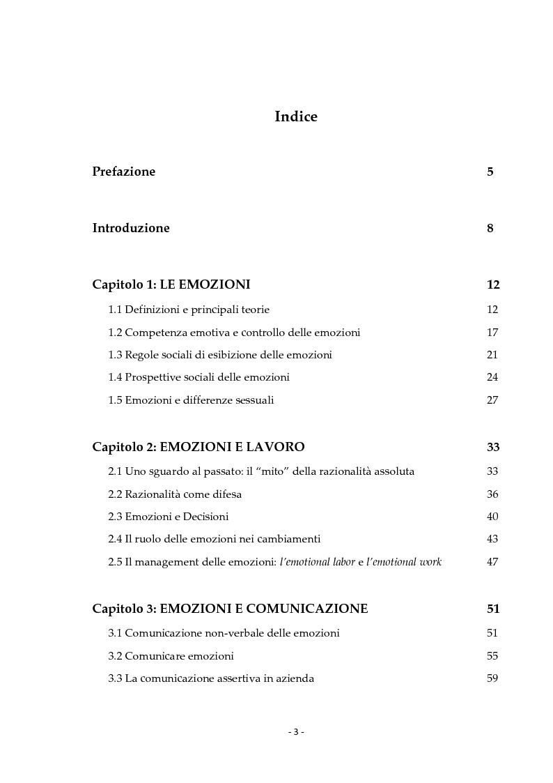 Indice della tesi: Emozioni e Organizzazioni - L'importanza delle emozioni nei contesti lavorativi, Pagina 1