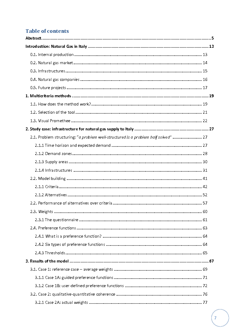 Indice della tesi: Multicriteria Decision Analysis for Energy infrastructure planning: the study-case of Natural Gas in Italy, Pagina 1