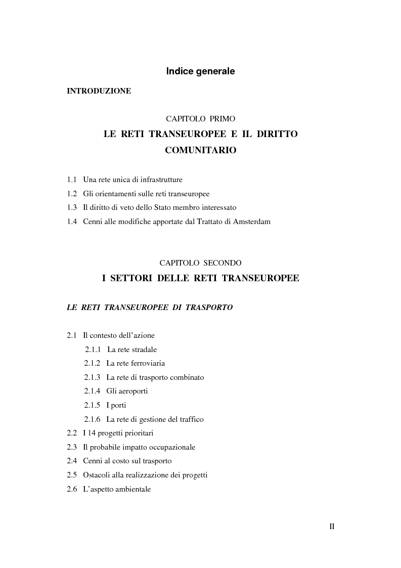 Indice della tesi: La funzione delle reti transeuropee nel quadro della costruzione europea, Pagina 1