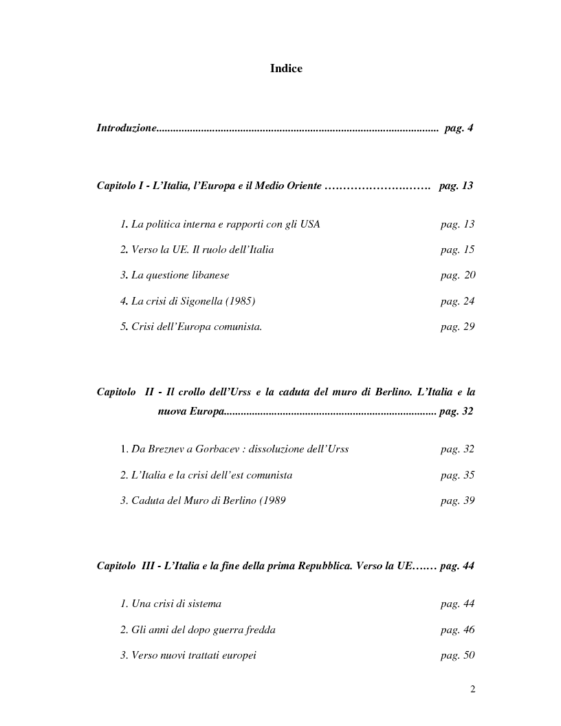 Indice della tesi: La politica estera italiana negli anni '80, Pagina 1