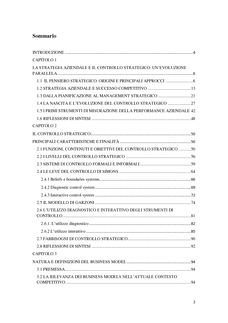Indice della tesi: L'evoluzione del controllo strategico nella prospettiva del business model, Pagina 1