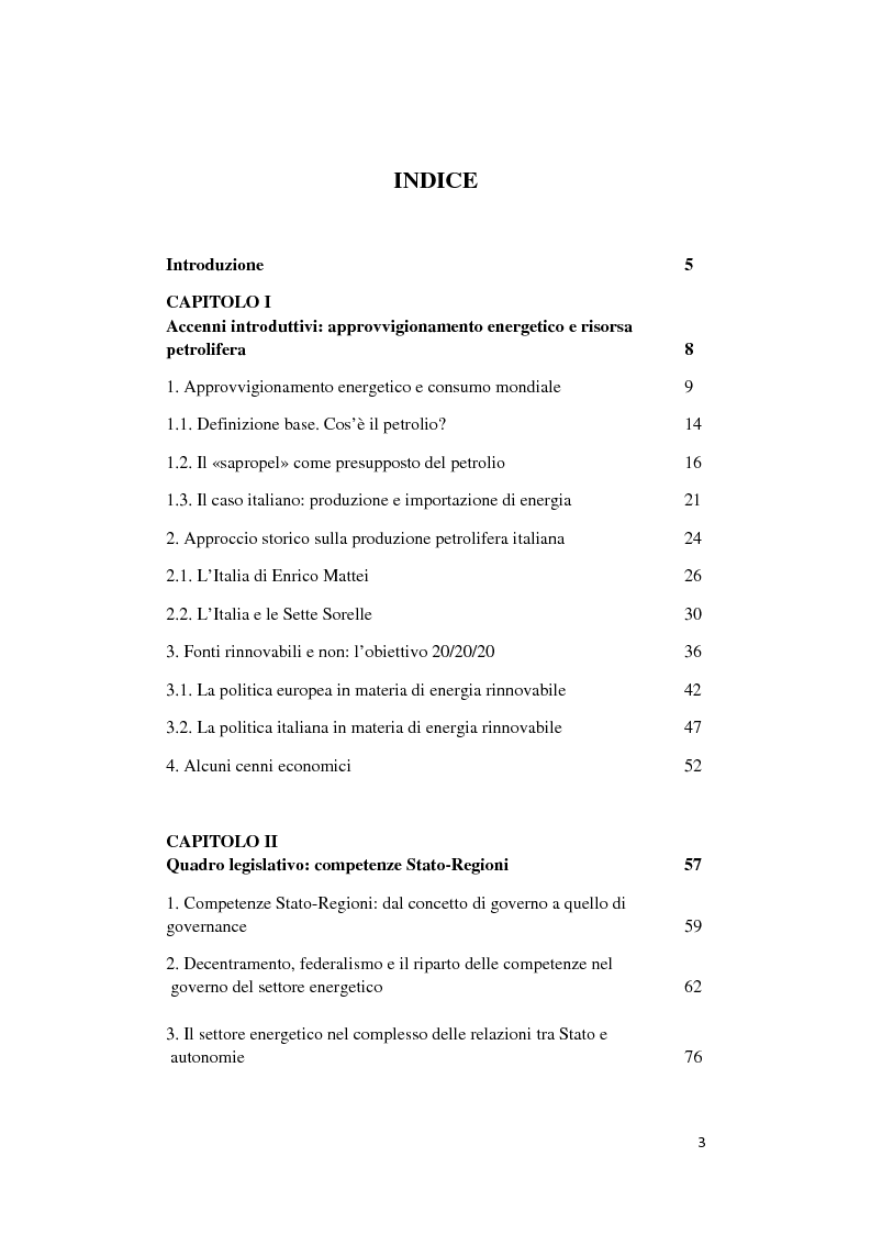 Indice della tesi: Politiche nazionali e istanze territoriali nel settore energetico: il caso del petrolio in Basilicata, Pagina 1