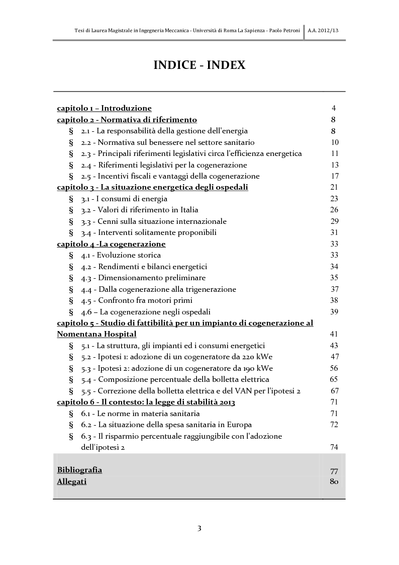 Indice della tesi: Adozione della cogenerazione negli ospedali in attuazione della Legge di stabilità. Applicazione al Nomentana Hospital di Fonte Nuova (RM), Pagina 1