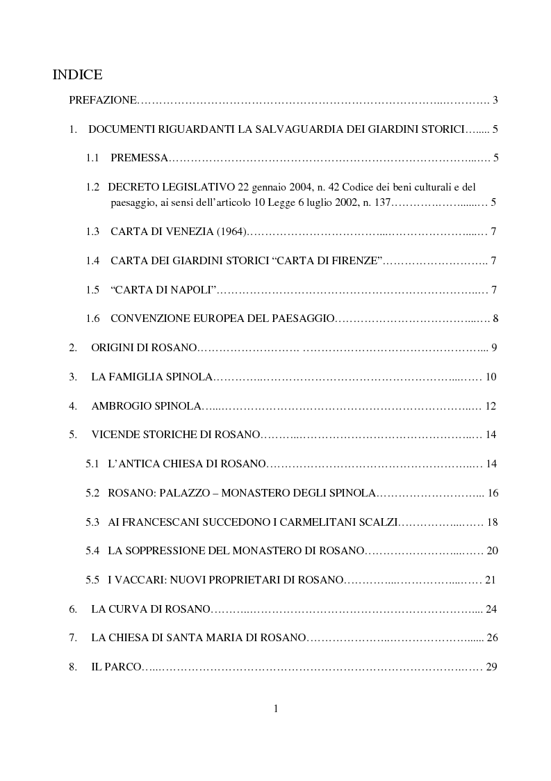 Indice della tesi: Proposta di restauro del giardino di Rosano di Villa Spinola, Pagina 1