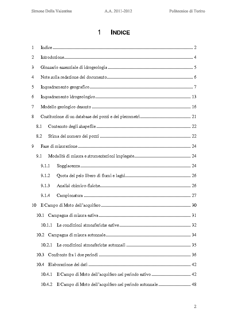 Indice della tesi: Studio idrogeologico dell’acquifero libero della Valdossola, tra Domodossola e Fondotoce, Pagina 1