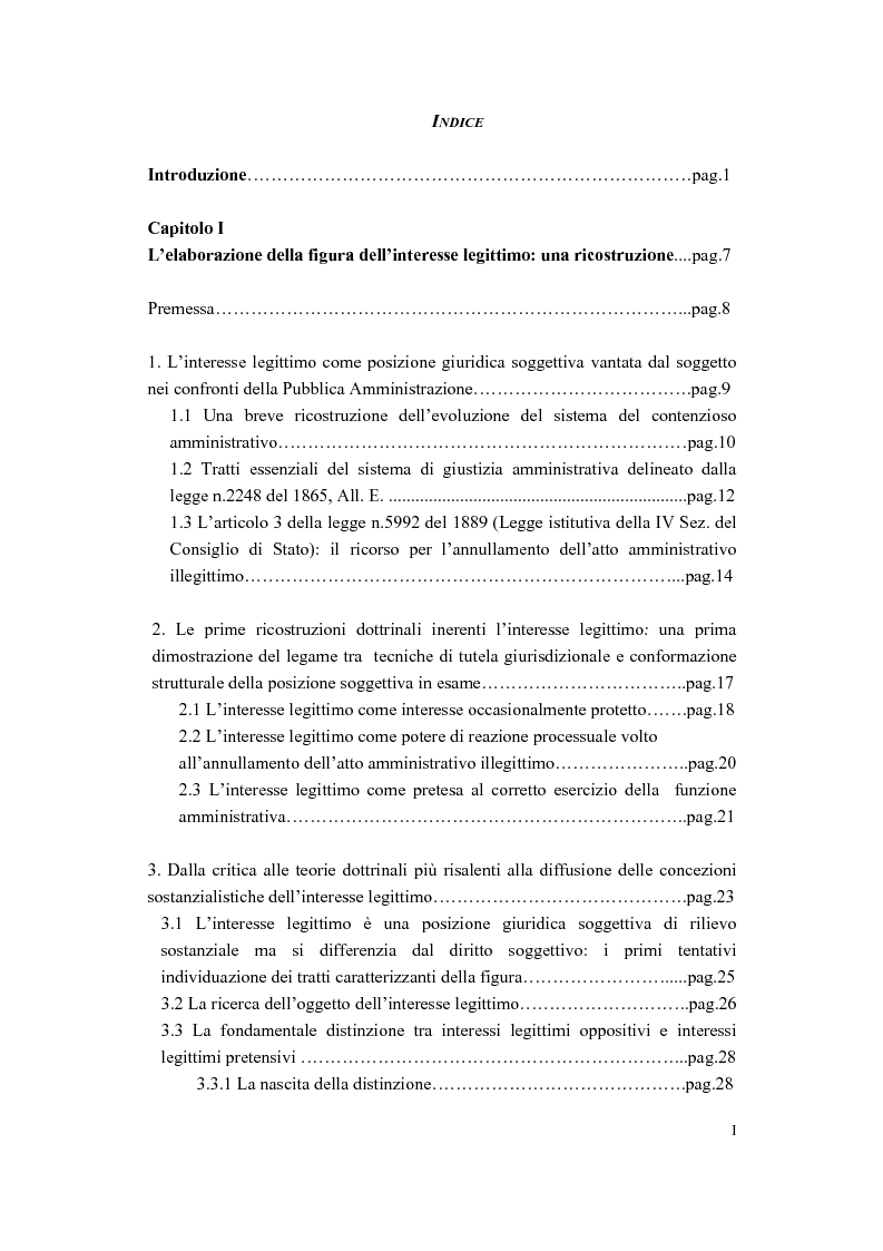 Indice della tesi: L'evoluzione delle forme di tutela dell'interesse legittimo: l'azione di reintegrazione in forma specifica, Pagina 1