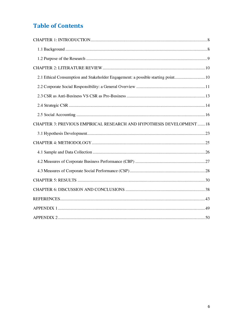 Indice della tesi: The Relationship between Strategic Corporate Social Responsibility and Business Performance: an Empirical Investigation, Pagina 1