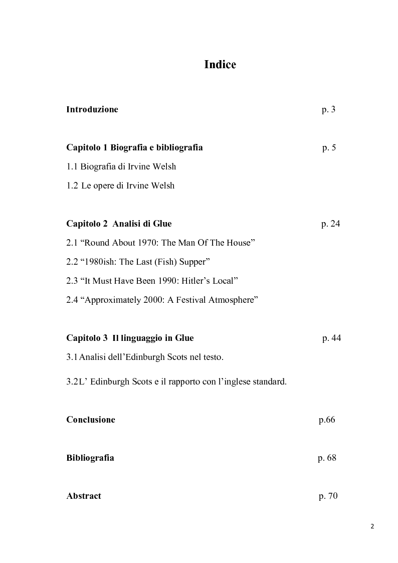 Indice della tesi: "Glue" di Irvine Welsh: analisi linguistico-letteraria, Pagina 1