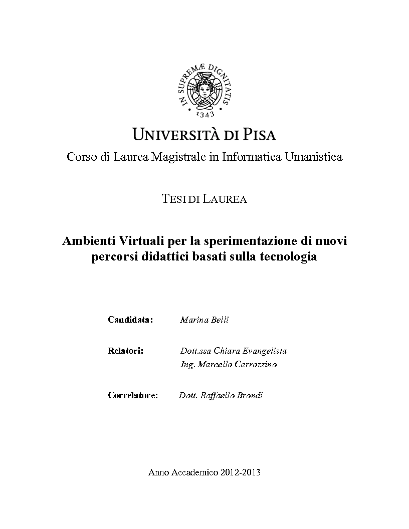 Anteprima della tesi: Ambienti Virtuali per la sperimentazione di nuovi percorsi didattici basati sulla tecnologia, Pagina 1