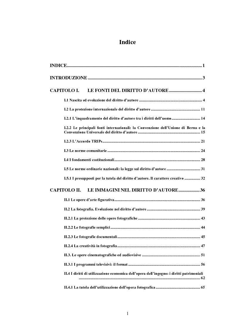 Indice della tesi: La tutela delle immagini nella prospettiva del diritto d'autore, Pagina 1