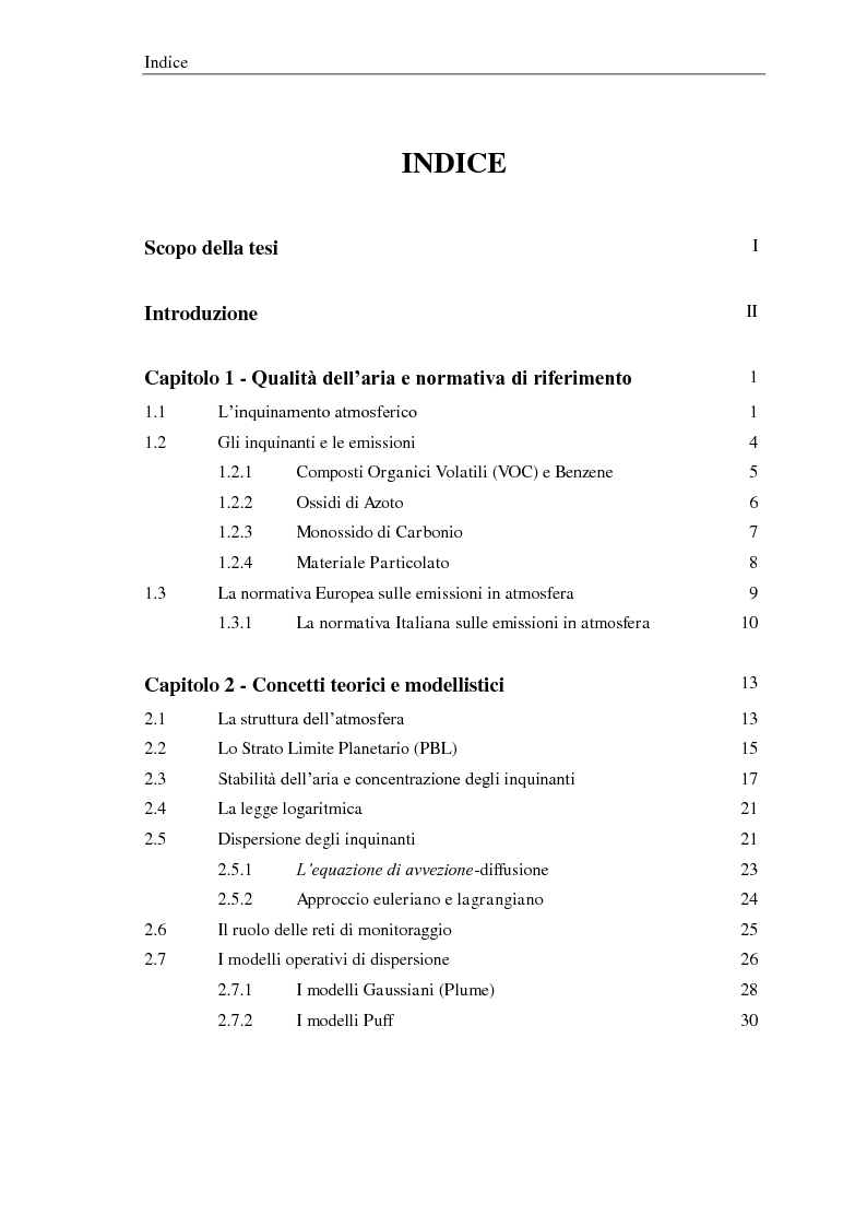 Indice della tesi: Analisi e modellistica della qualità dell'aria nella città di Lecce, Pagina 1