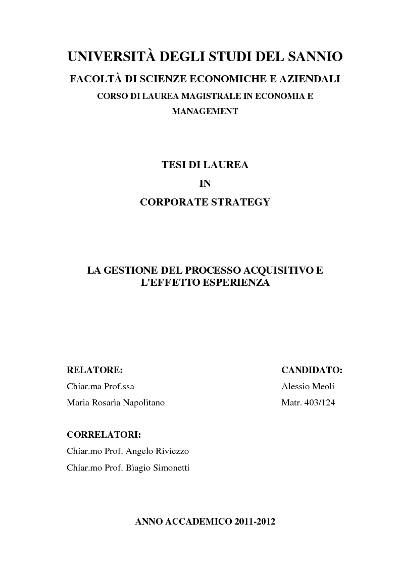 Anteprima della tesi: La gestione del processo acquisitivo e l'effetto esperienza, Pagina 1