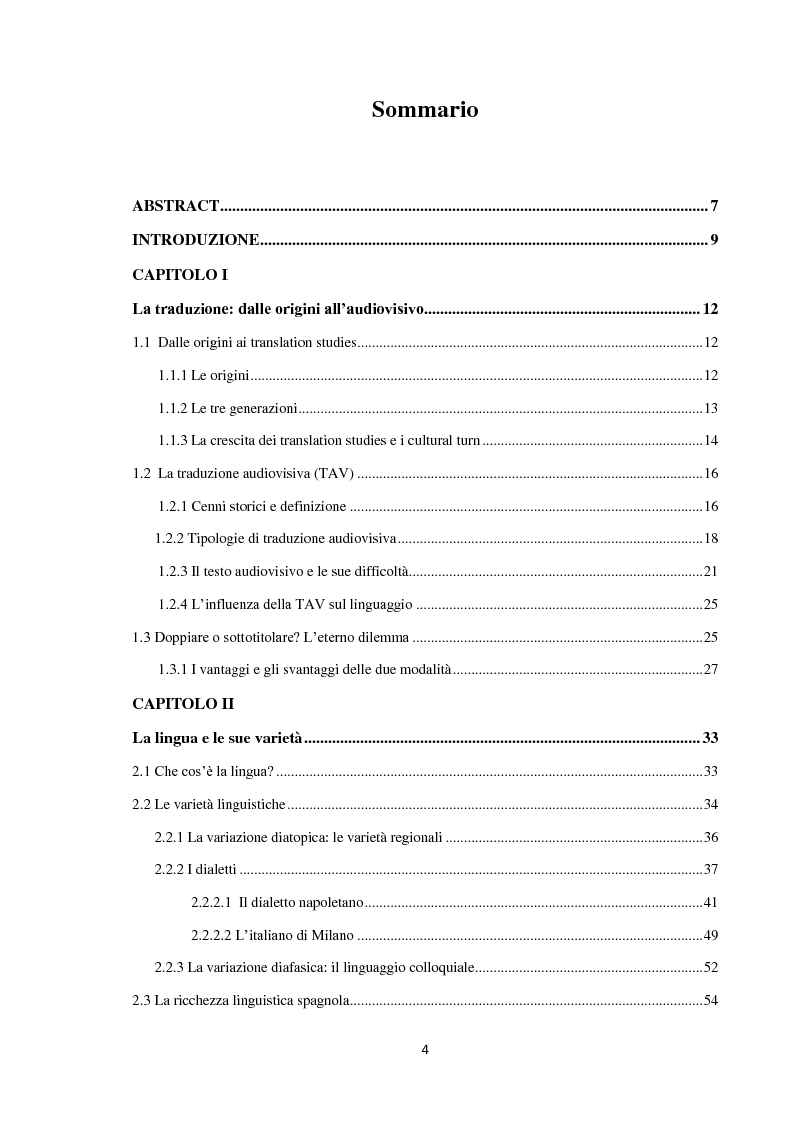 Indice della tesi: Quando la lingua è cultura. Analisi traduttiva degli aspetti linguistici e culturali nel doppiaggio spagnolo del film "Benvenuti al Sud", Pagina 1