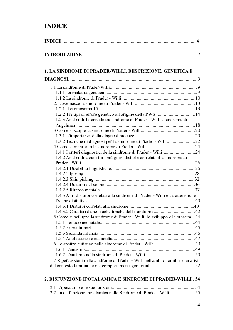Indice della tesi: La sindrome di Prader - Willi. Uno studio sperimentale del deficit di Working Memory. , Pagina 1