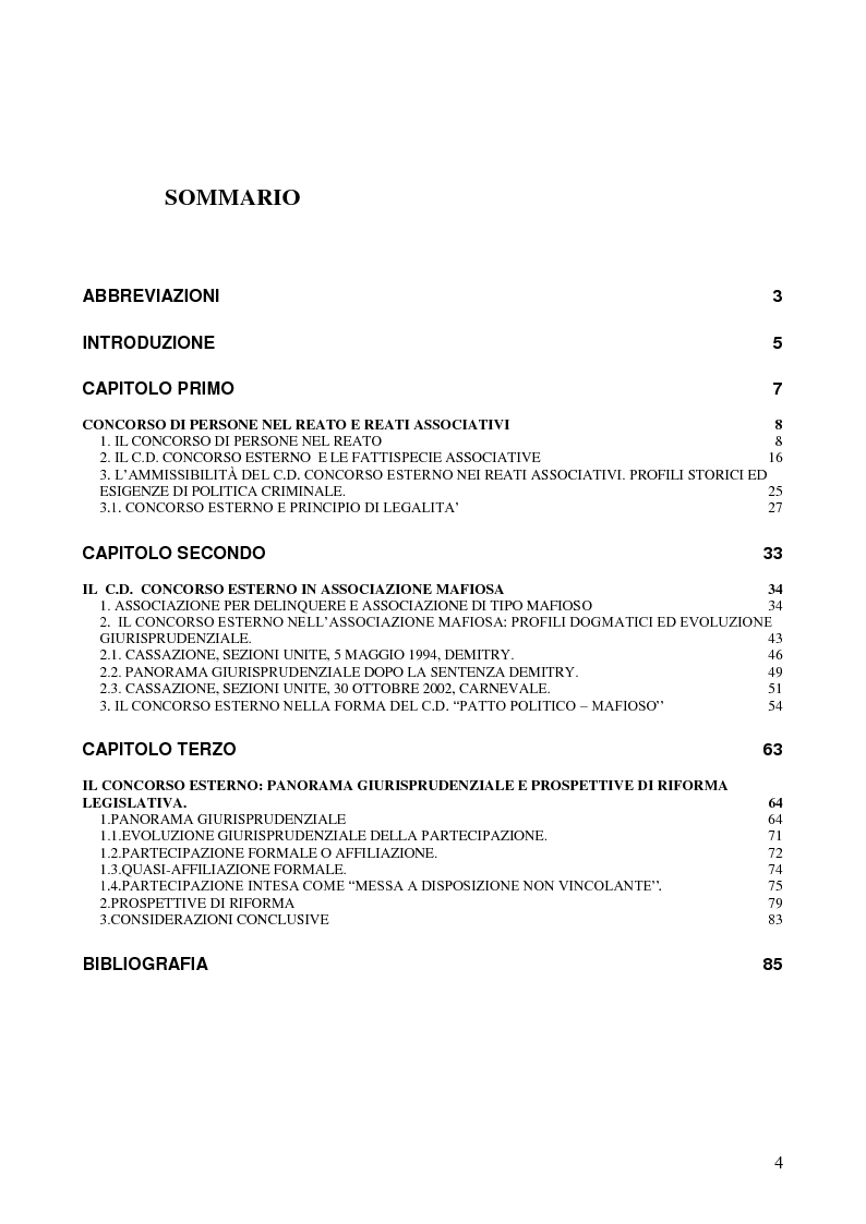 Indice della tesi: Il concorso esterno in associazione mafiosa, Pagina 1