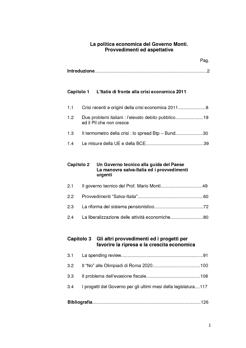 Indice della tesi: La politica economica del governo Monti. Provvedimenti ed aspettative., Pagina 1