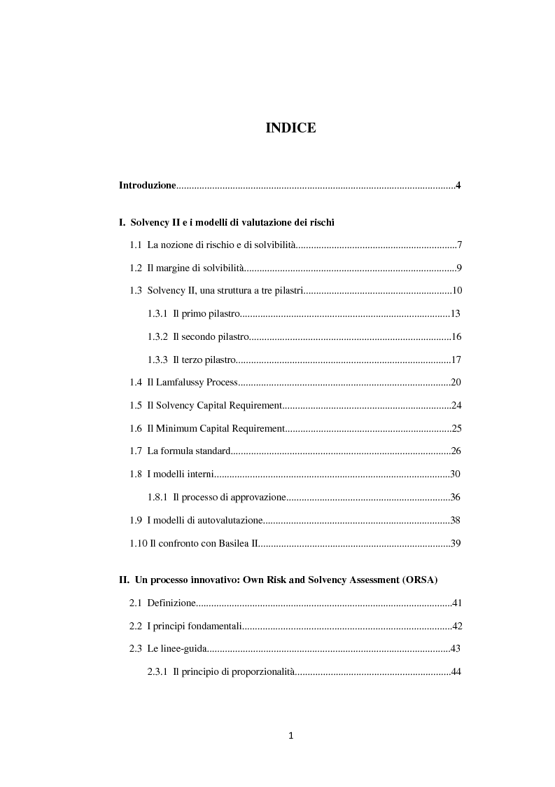 Indice della tesi: I modelli di autovalutazione del rischio e della solvibilità delle compagnie di assicurazione: i modelli ORSA, Pagina 1