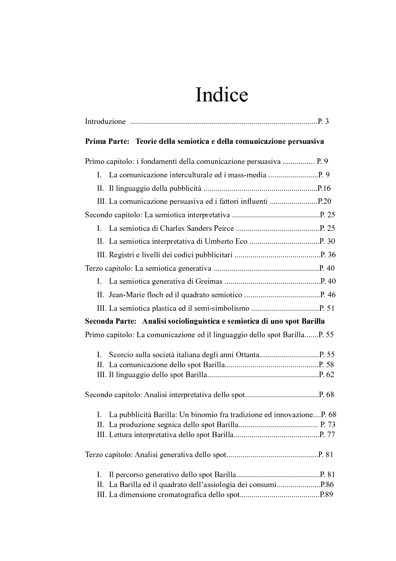 Indice della tesi: Studio sociolinguistico e semiotico di uno spot Barilla degli anni Ottanta, Pagina 1