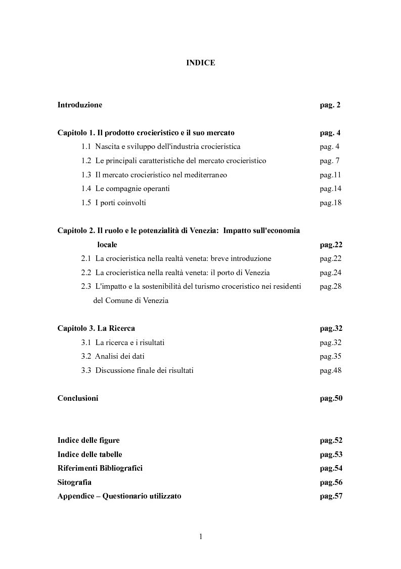 Indice della tesi: La percezione del Turismo crocieristico nei residenti del Comune di Venezia, Pagina 1