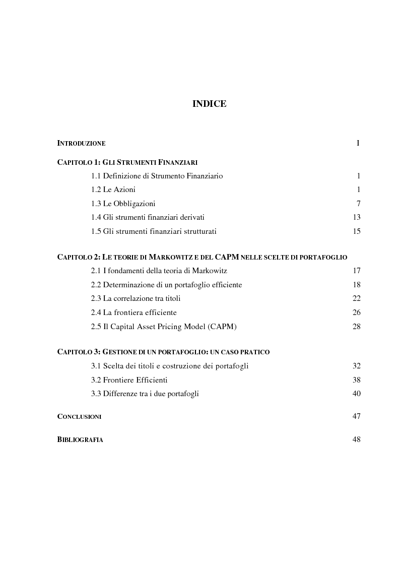 Indice della tesi: La selezione e la gestione di portafoglio, tra titoli azionari e titoli di Stato: un caso pratico, Pagina 1