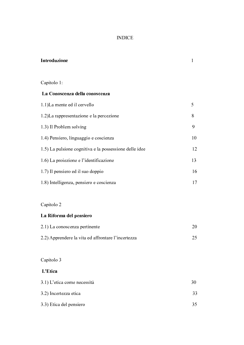 Indice della tesi: Spunti di etica e conoscenza tra Morin e problematicismo pedagogico, Pagina 1