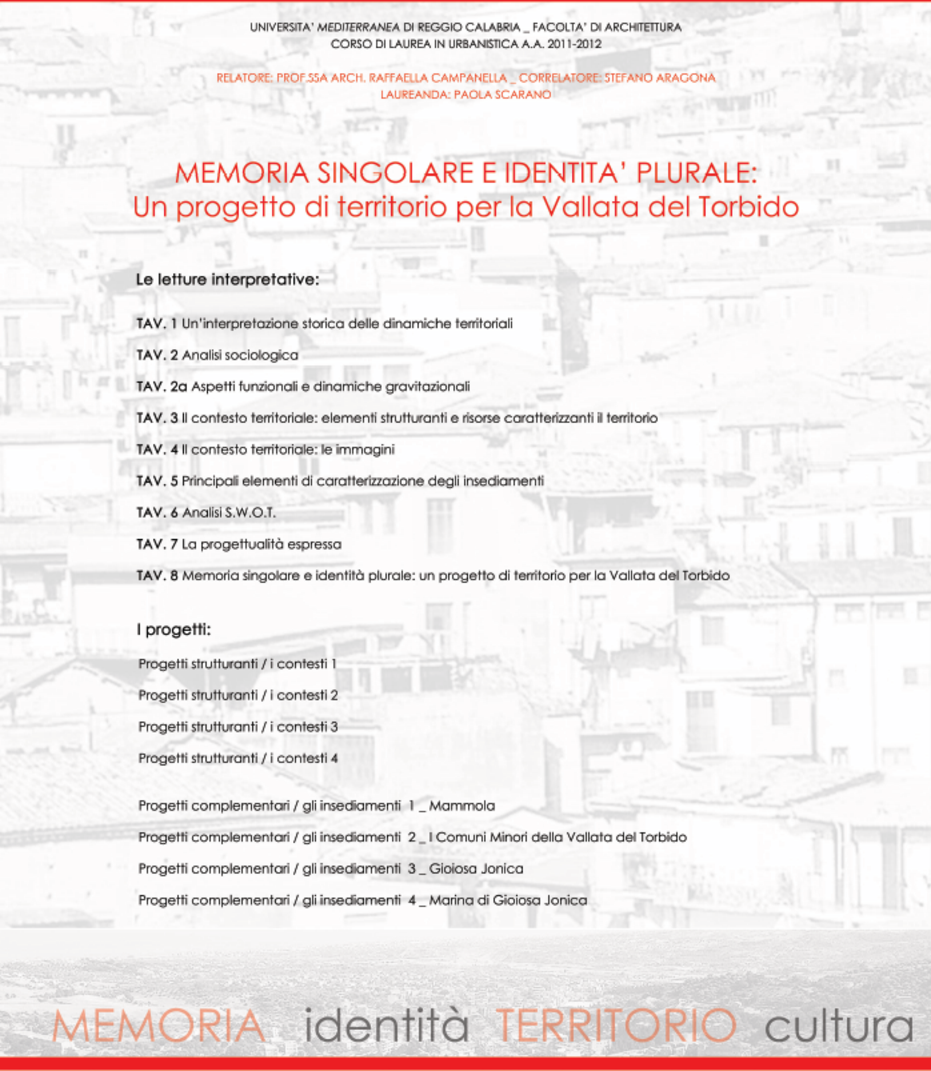 Indice della tesi: Memoria singolare e identità plurale: un progetto di territorio per la Vallata del Torbido, Pagina 1