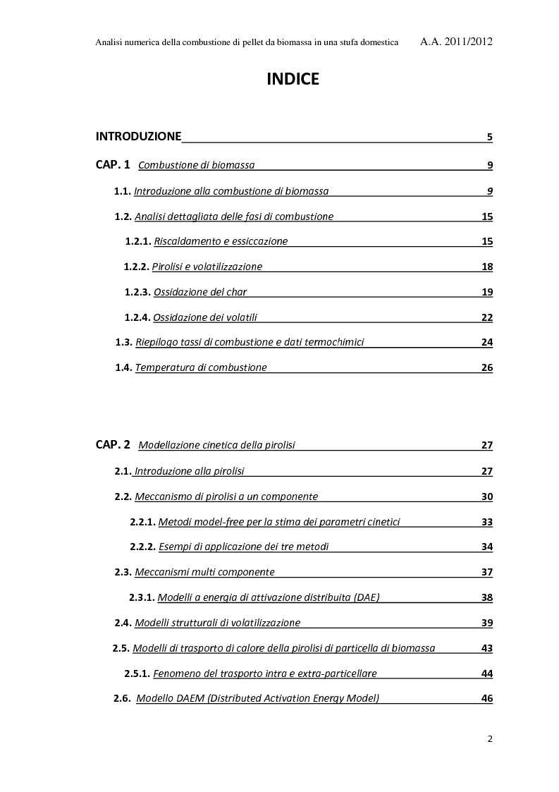 Indice della tesi: Analisi Numerica della Combustione di Pellet da Biomassa in una Stufa Domestica, Pagina 1