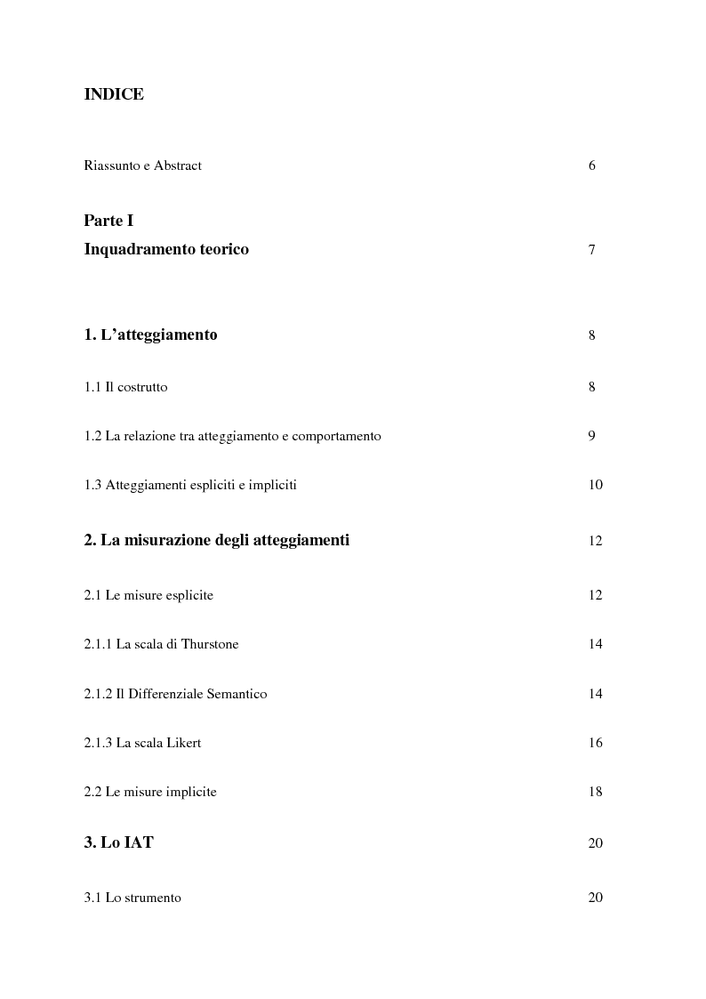 Indice della tesi: Distanza minore, predizione migliore? Il ruolo della distanza psicologica nella predittività dello IAT, Pagina 1
