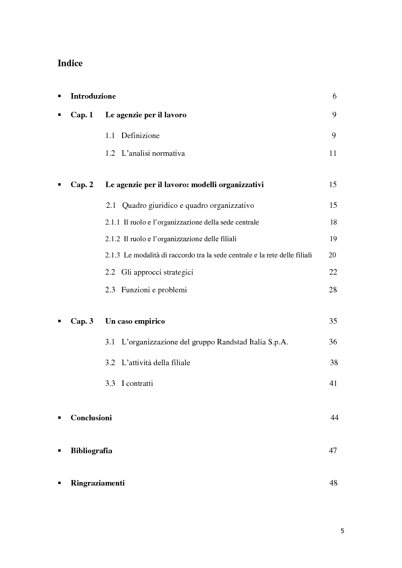 Indice della tesi: Le agenzie interinali: risorse e modelli organizzativi, Pagina 1