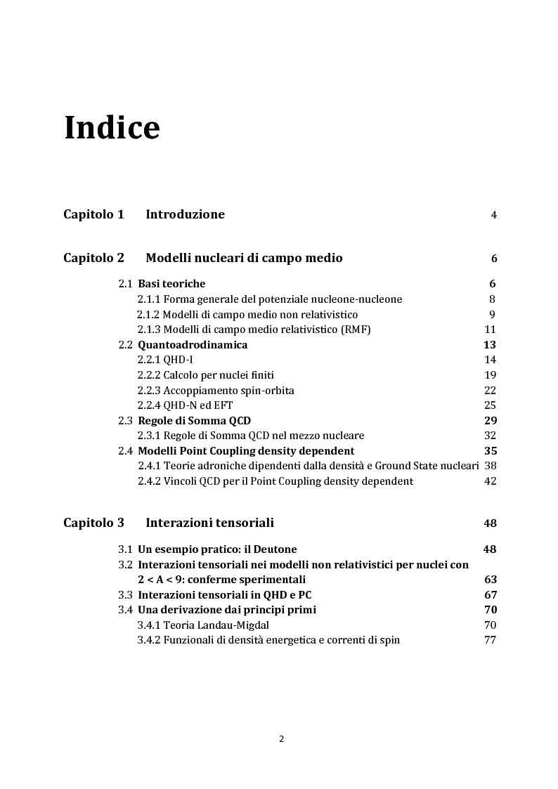 Indice della tesi: Interazioni tensoriali nei modelli nucleari di campo medio, Pagina 1