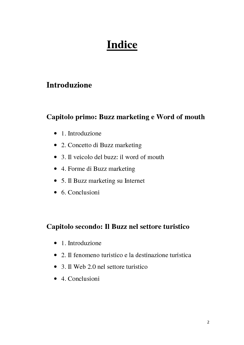 Indice della tesi: Il buzz marketing ed il suo ruolo nel turismo, Pagina 1