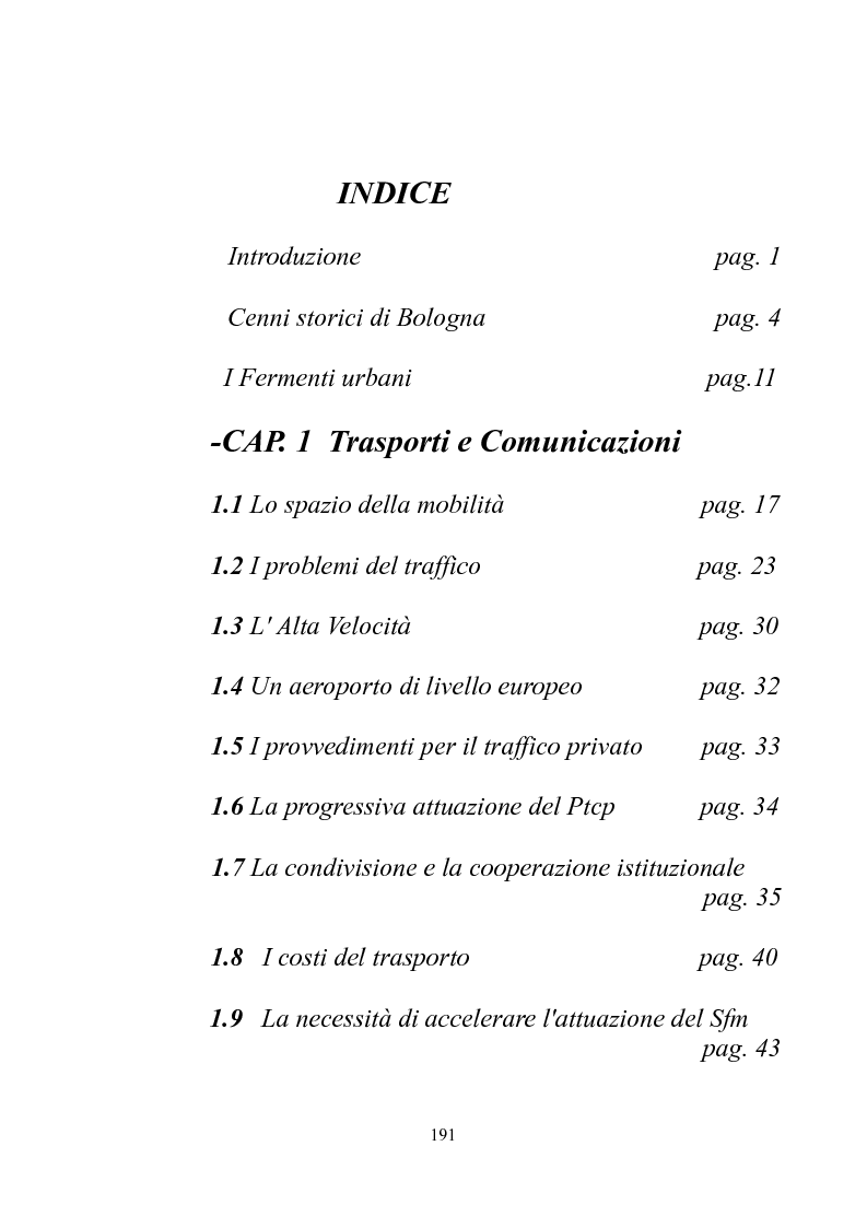 Indice della tesi: Recenti trasformazioni economiche, logistiche ed urbanistiche di Bologna, Pagina 1